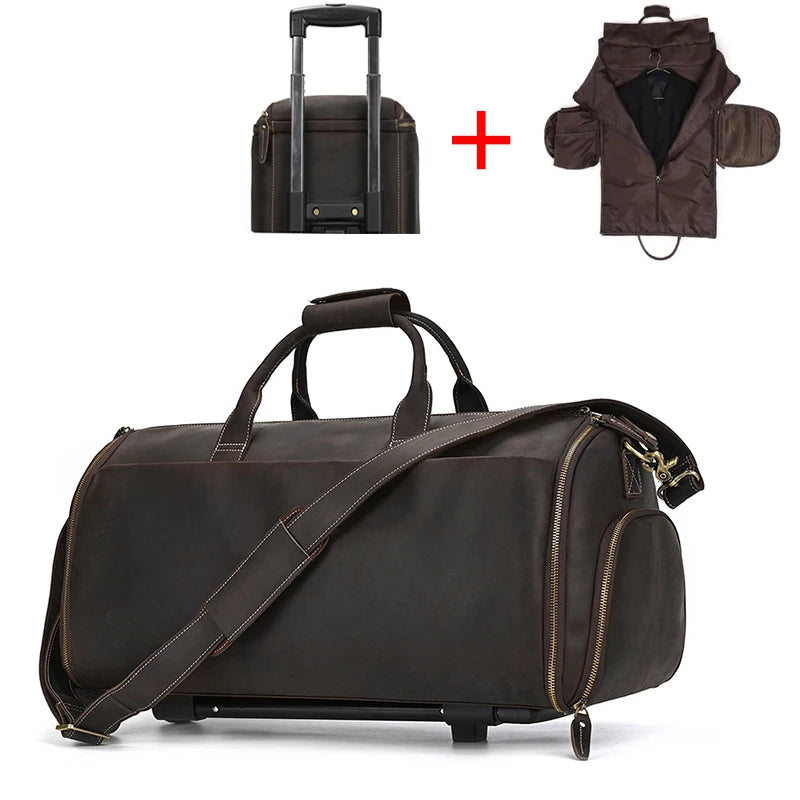 Luufan Crazy Horse Leather Trolley Bag With Wheels Man Business Travel Bag Shoe Pocket Clothes Cover Suits Luggage Duffel Bags