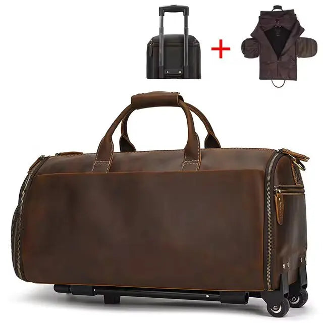 Luufan Crazy Horse Leather Trolley Bag With Wheels Man Business Travel Bag Shoe Pocket Clothes Cover Suits Luggage Duffel Bags