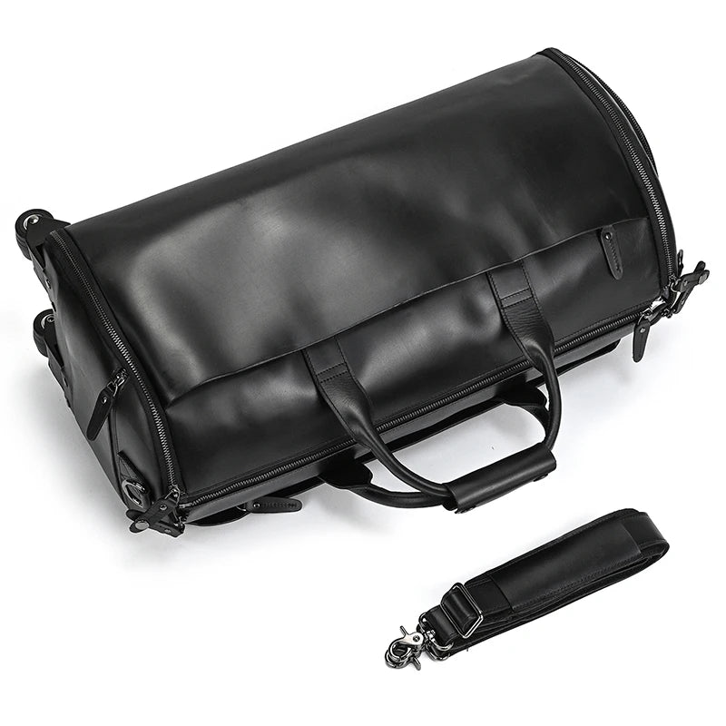 Luufan Crazy Horse Leather Trolley Bag With Wheels Man Business Travel Bag Shoe Pocket Clothes Cover Suits Luggage Duffel Bags