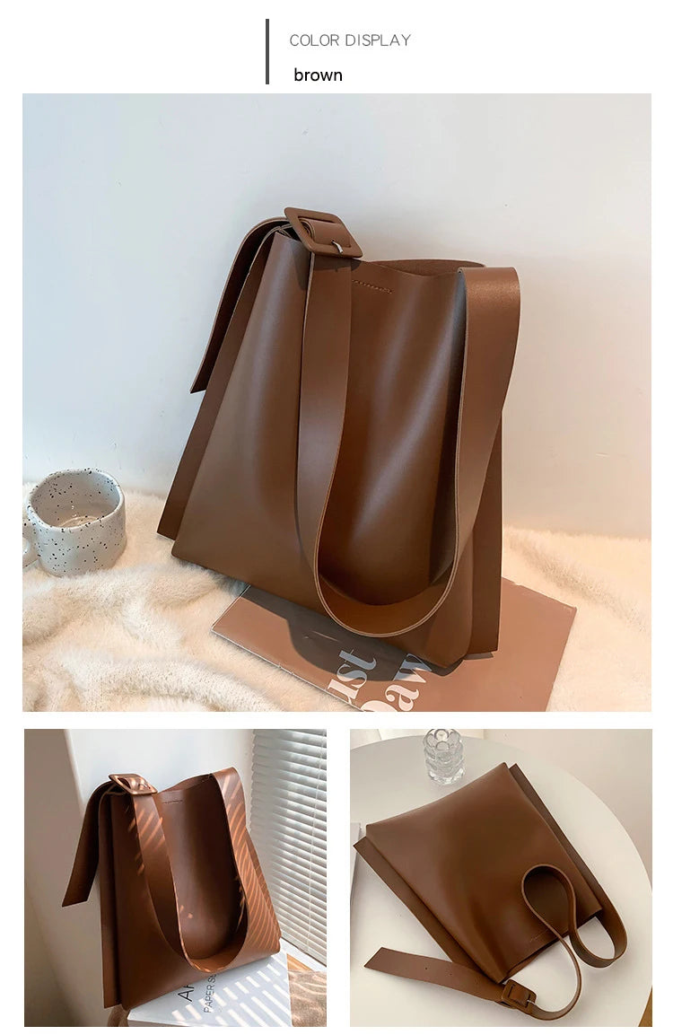 Leather Tote Bag Women's Retro Soft Leather Underarm Bag 2023 New Autumn Winter Large Capacity Commute Bucket Shoulder Bag Trend