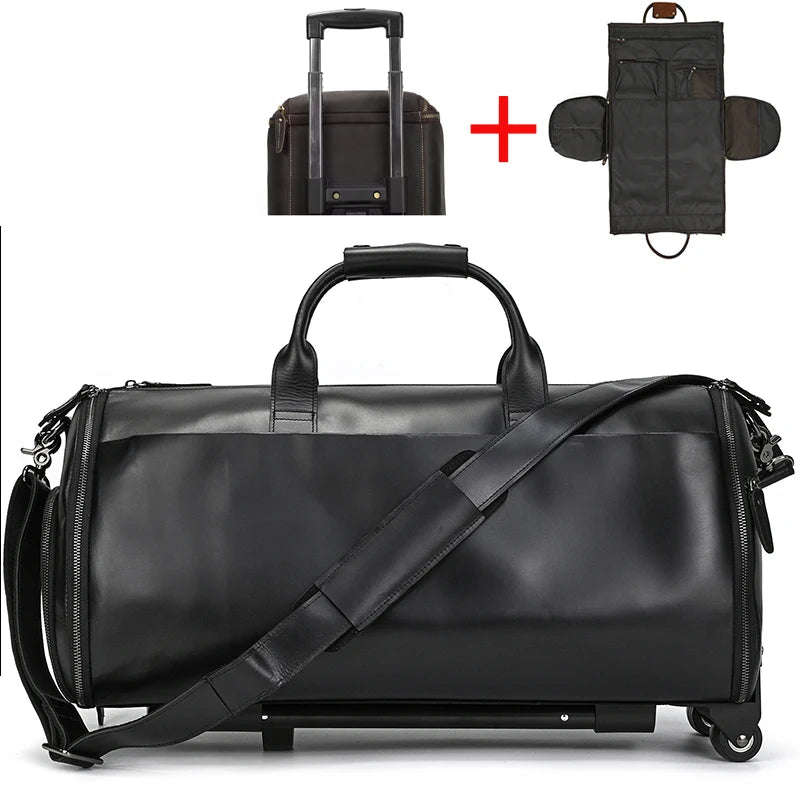 Luufan Crazy Horse Leather Trolley Bag With Wheels Man Business Travel Bag Shoe Pocket Clothes Cover Suits Luggage Duffel Bags