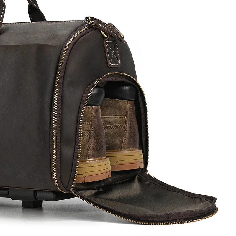 Luufan Crazy Horse Leather Trolley Bag With Wheels Man Business Travel Bag Shoe Pocket Clothes Cover Suits Luggage Duffel Bags