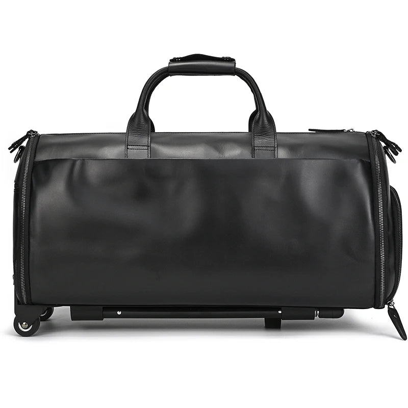 Luufan Crazy Horse Leather Trolley Bag With Wheels Man Business Travel Bag Shoe Pocket Clothes Cover Suits Luggage Duffel Bags