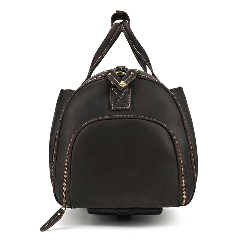 Luufan Crazy Horse Leather Trolley Bag With Wheels Man Business Travel Bag Shoe Pocket Clothes Cover Suits Luggage Duffel Bags