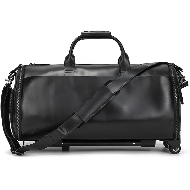 Luufan Crazy Horse Leather Trolley Bag With Wheels Man Business Travel Bag Shoe Pocket Clothes Cover Suits Luggage Duffel Bags