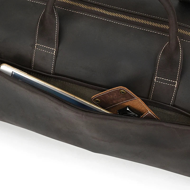 Luufan Crazy Horse Leather Trolley Bag With Wheels Man Business Travel Bag Shoe Pocket Clothes Cover Suits Luggage Duffel Bags