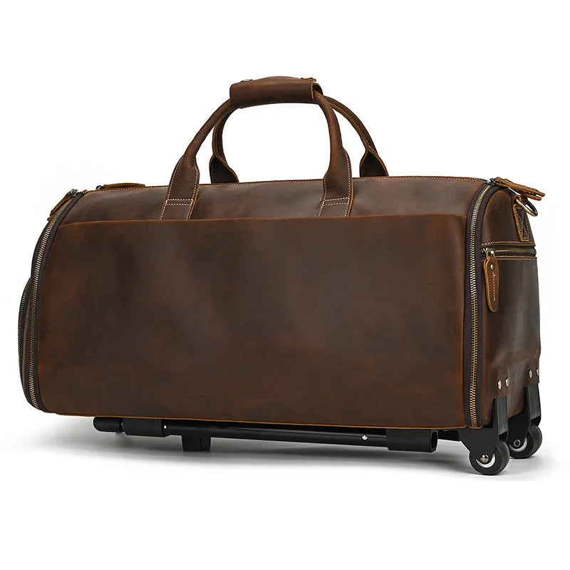 Luufan Crazy Horse Leather Trolley Bag With Wheels Man Business Travel Bag Shoe Pocket Clothes Cover Suits Luggage Duffel Bags