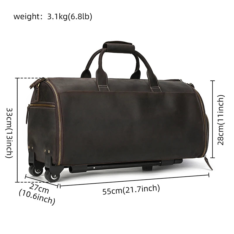 Luufan Crazy Horse Leather Trolley Bag With Wheels Man Business Travel Bag Shoe Pocket Clothes Cover Suits Luggage Duffel Bags