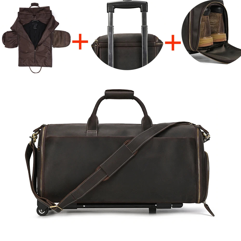 Luufan Crazy Horse Leather Trolley Bag With Wheels Man Business Travel Bag Shoe Pocket Clothes Cover Suits Luggage Duffel Bags