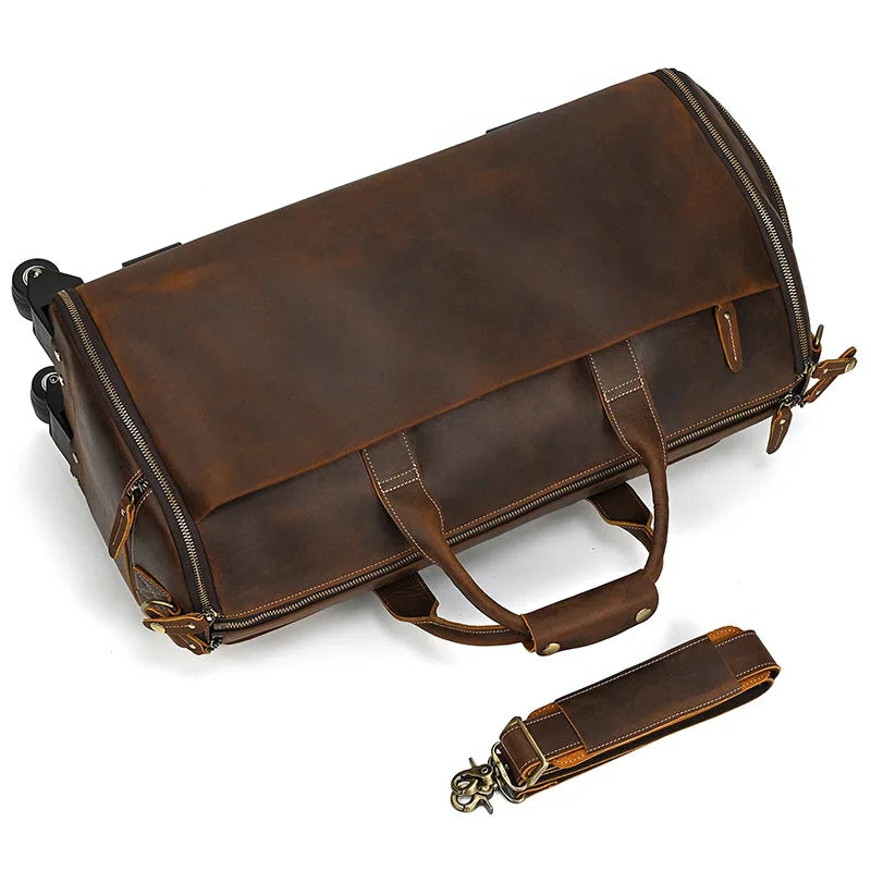 Luufan Crazy Horse Leather Trolley Bag With Wheels Man Business Travel Bag Shoe Pocket Clothes Cover Suits Luggage Duffel Bags