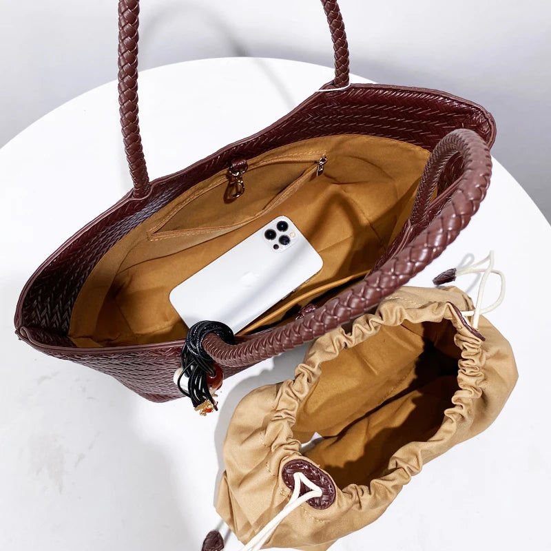 Luxury Tote Bags for Women - Designer Handbags 2025 in PU Imitation Braided Embossed Pattern with Inner Pocket Shoulder