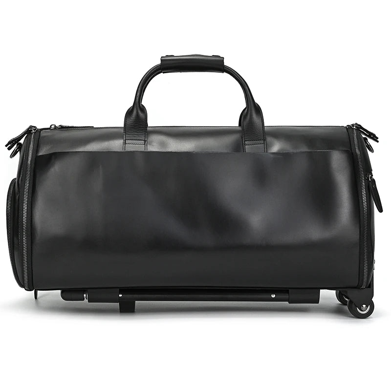 Luufan Crazy Horse Leather Trolley Bag With Wheels Man Business Travel Bag Shoe Pocket Clothes Cover Suits Luggage Duffel Bags
