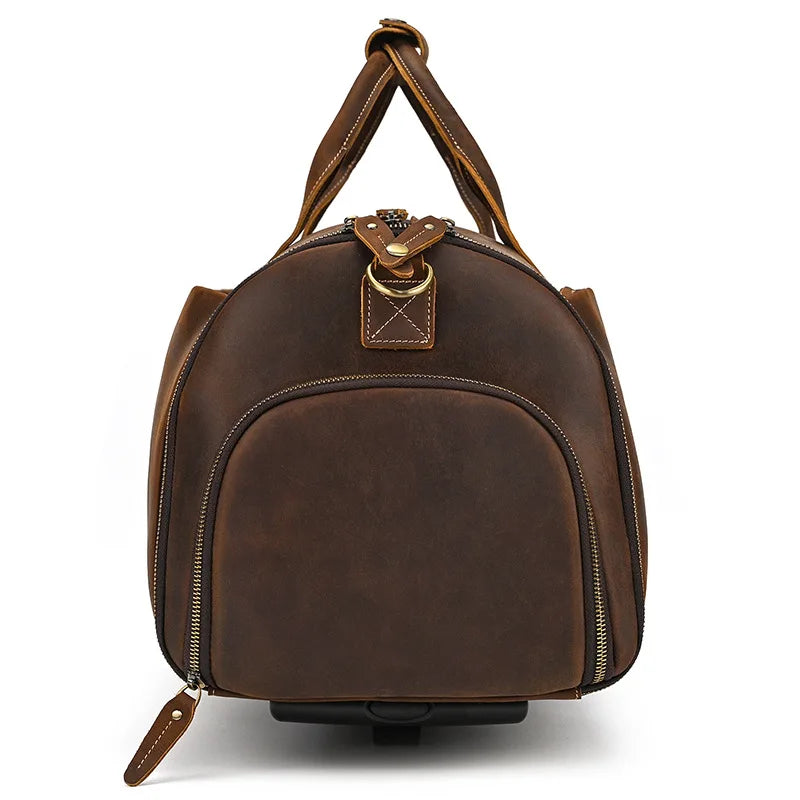 Luufan Crazy Horse Leather Trolley Bag With Wheels Man Business Travel Bag Shoe Pocket Clothes Cover Suits Luggage Duffel Bags